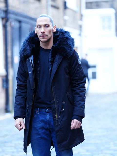 Mens Faux Fur Collar Parka Jacket with Black Faux Fur Lining - Bobbi Parka