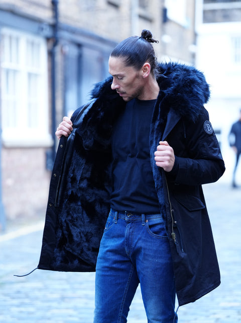 Mens Faux Fur Collar Parka Jacket with Black Faux Fur Lining - Bobbi Parka