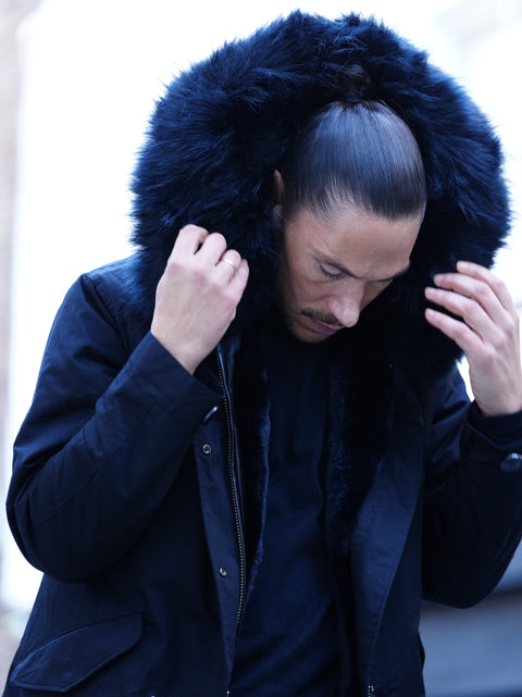 Mens Faux Fur Collar Parka Jacket with Black Faux Fur Lining - Bobbi Parka