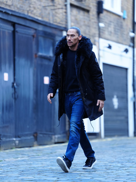 Mens Faux Fur Collar Parka Jacket with Black Faux Fur Lining - Bobbi Parka