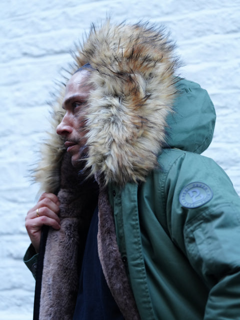 Mens Faux Fur Collar Parka Jacket with Natural Faux Fur Lining - Bobbi Parka