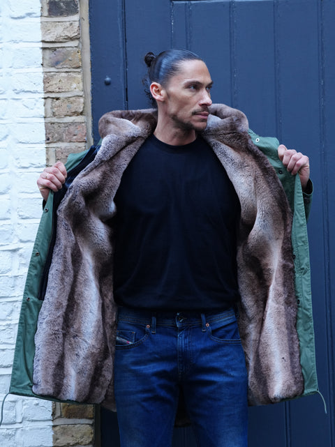 Mens Faux Fur Collar Parka Jacket with Natural Faux Fur Lining - Bobbi Parka