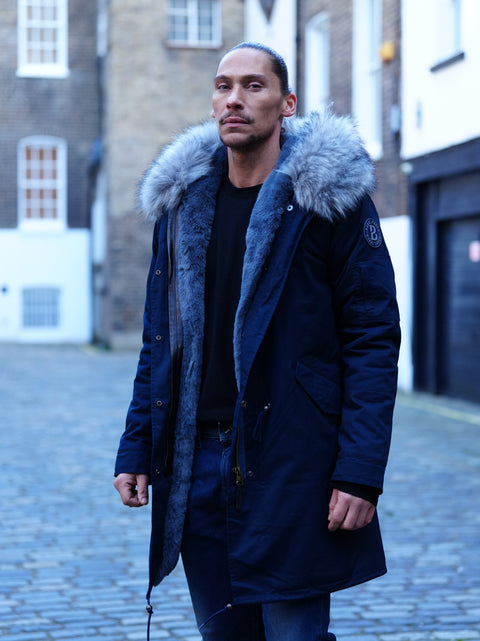 Mens Faux Fur Collar Parka Jacket with Grey Faux Fur Lining - Bobbi Parka