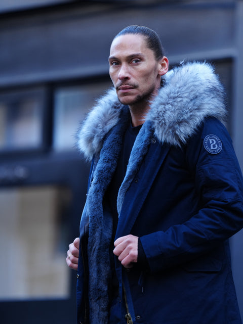 Mens Faux Fur Collar Parka Jacket with Grey Faux Fur Lining - Bobbi Parka