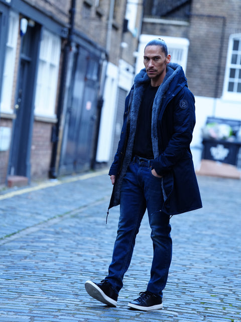 Mens Faux Fur Collar Parka Jacket with Grey Faux Fur Lining - Bobbi Parka