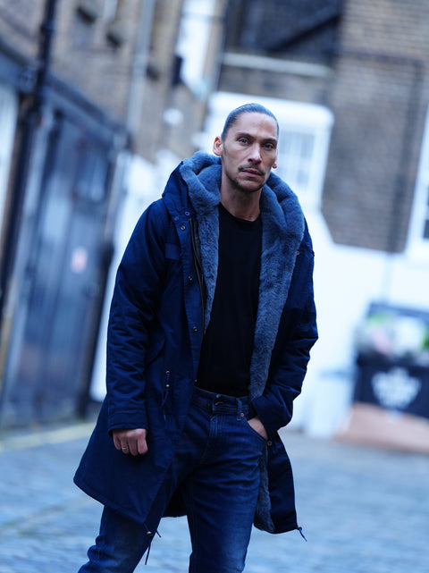 Mens Faux Fur Collar Parka Jacket with Grey Faux Fur Lining - Bobbi Parka
