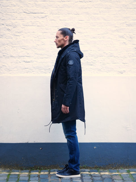 Mens Faux Fur Collar Parka Jacket with Black Faux Fur Lining - Bobbi Parka