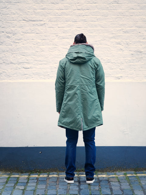 Mens Faux Fur Collar Parka Jacket with Natural Faux Fur Lining - Bobbi Parka