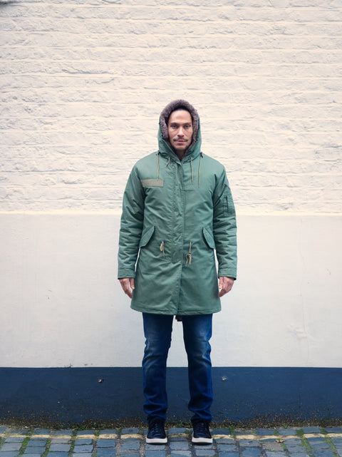 Mens Faux Fur Collar Parka Jacket with Natural Faux Fur Lining - Bobbi Parka