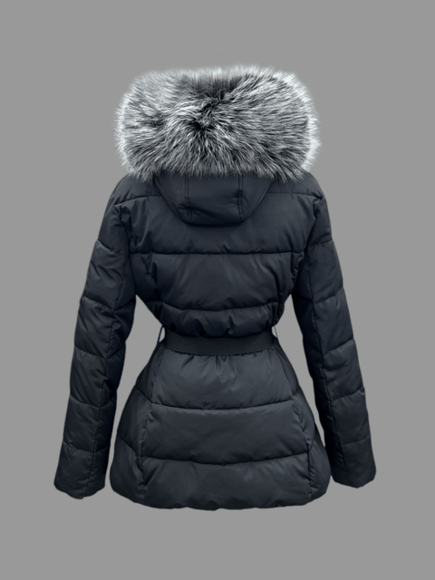 Luxury Padded Belted Coat Black / Grey - Bobbi Parka