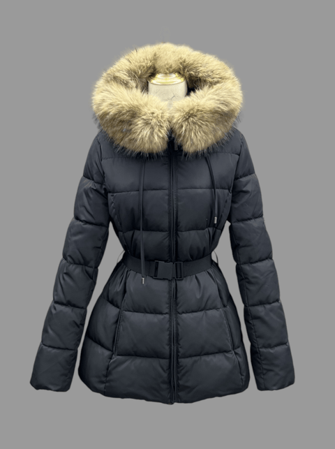 Luxury Padded Belted Coat Black / Natural - Bobbi Parka
