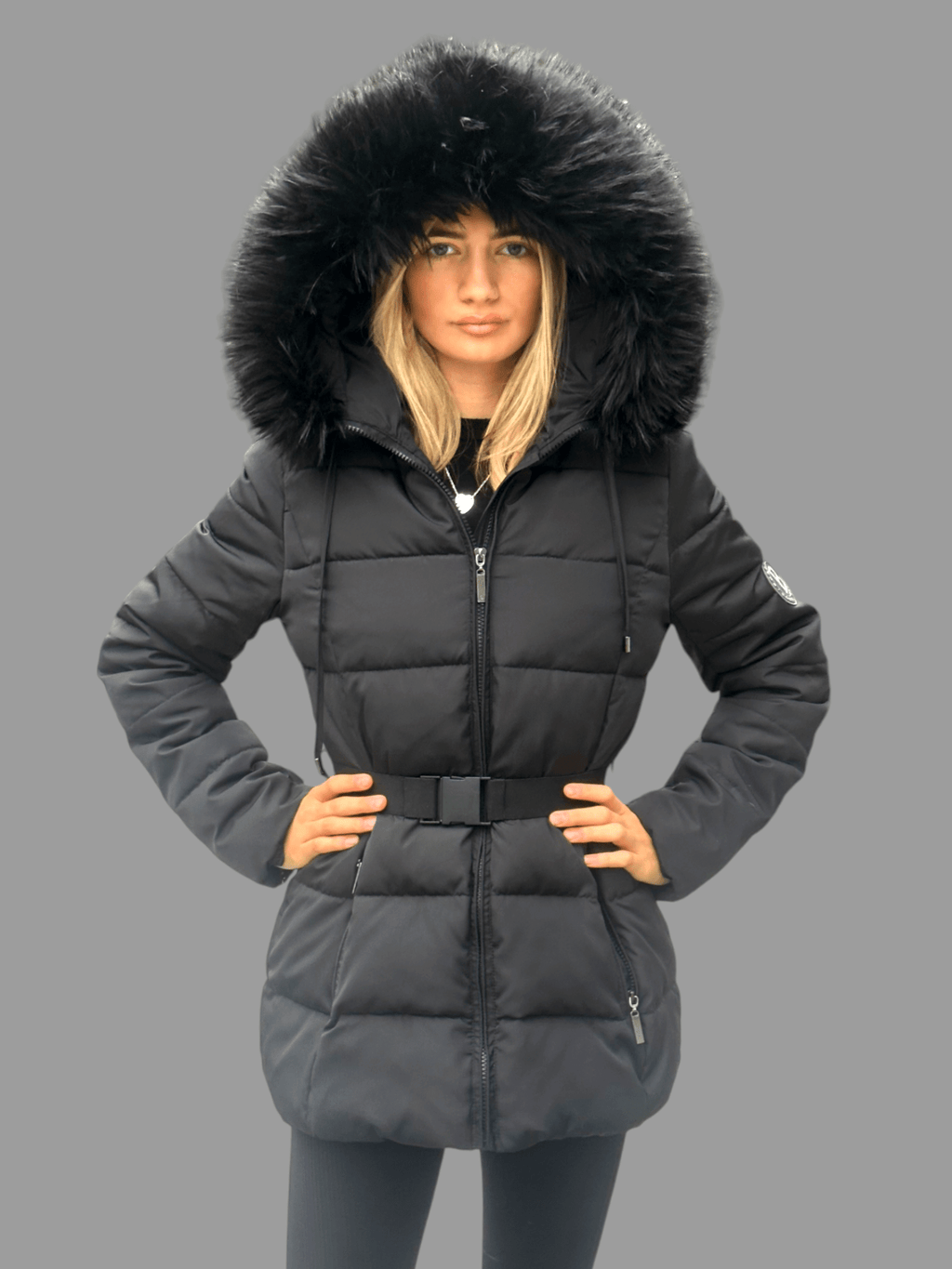 Black padded coat with belt deals