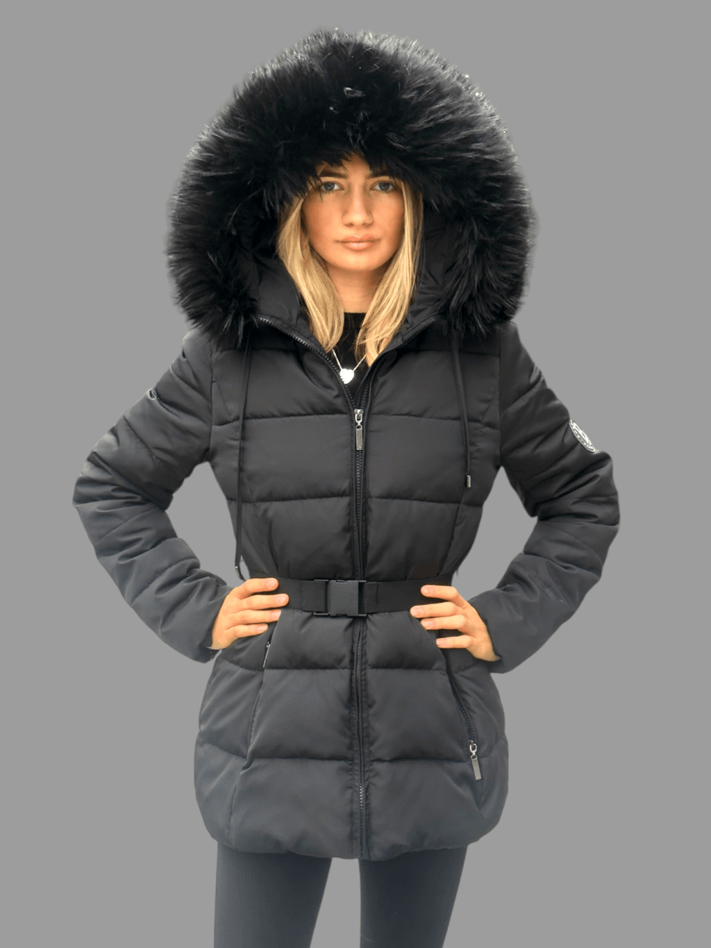 Black padded coat with belt shop