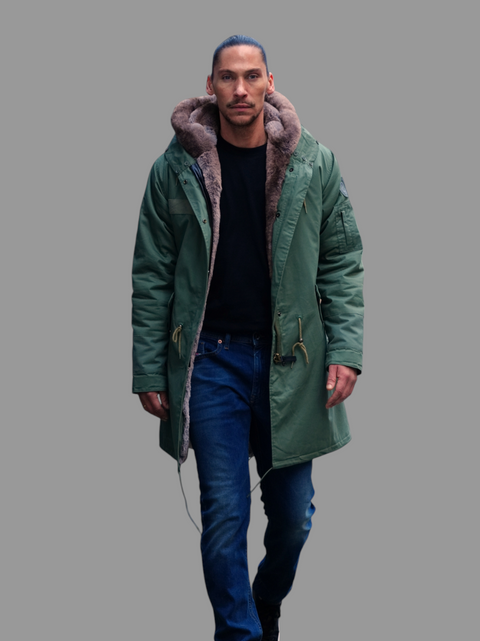 Mens Faux Fur Collar Parka Jacket with Natural Faux Fur Lining - Bobbi Parka