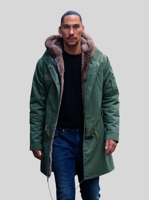 Mens Faux Fur Collar Parka Jacket with Natural Faux Fur Lining - Bobbi Parka
