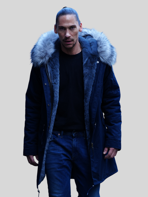 Mens Faux Fur Collar Parka Jacket with Grey Faux Fur Lining - Bobbi Parka