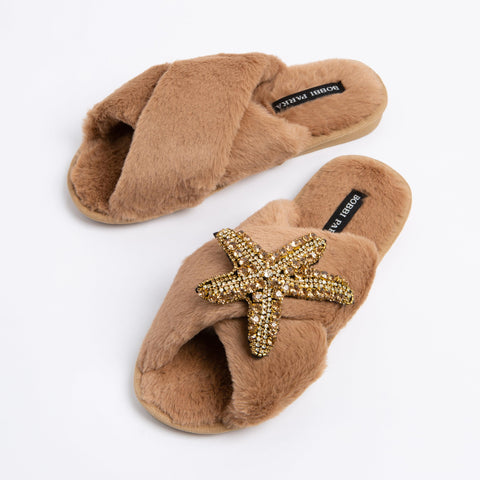 Bobbi Parka fluffy faux fur slippers with a crystal gold starfish brooch - Bobbi Parka