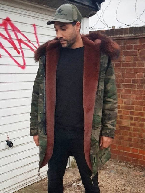 Mens Camo / Chocolate Brown Luxury Collar Parka Jacket 3/4