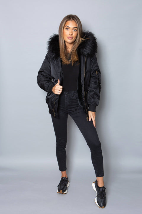 Womens Real Look Faux Fur Bomber with Black Faux Fur - Bobbi Parka