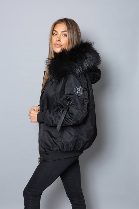 Womens Real Look Faux Fur Bomber with Black Faux Fur - Bobbi Parka