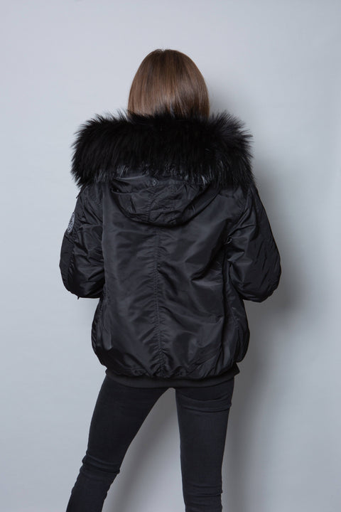 Womens Real Look Faux Fur Bomber with Black Faux Fur - Bobbi Parka