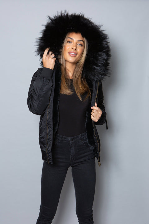 Womens Real Look Faux Fur Bomber with Black Faux Fur - Bobbi Parka