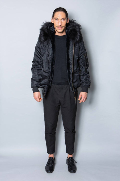 Mens Real Look Faux Fur Bomber Jacket with Black Lining - Bobbi Parka