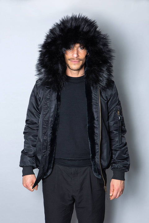 Mens Real Look Faux Fur Bomber Jacket with Black Lining - Bobbi Parka