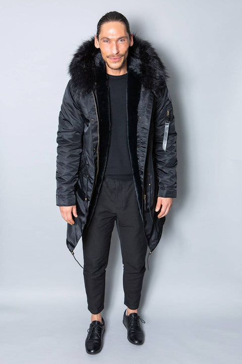 Mens Real Look Faux Fur Collar Parka Jacket with Black Lining 3/4 - Bobbi Parka