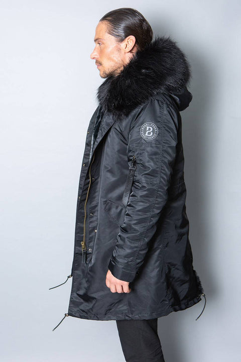 Mens Real Look Faux Fur Collar Parka Jacket with Black Lining 3/4 - Bobbi Parka