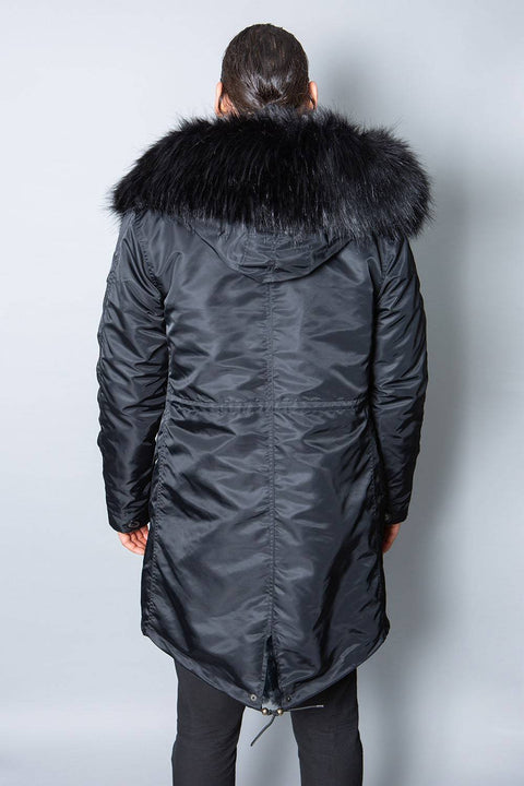 Mens Real Look Faux Fur Collar Parka Jacket with Black Lining 3/4 - Bobbi Parka