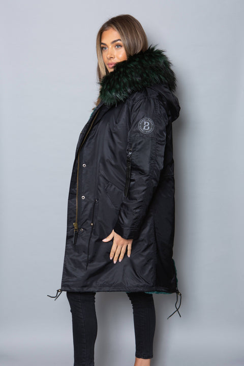 Sale Womens Real Look Faux Fur Collar Parka Jacket with Green Faux Fur Lining 3/4 - Bobbi Parka