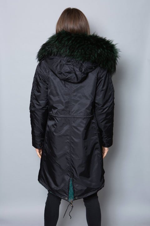 Sale Womens Real Look Faux Fur Collar Parka Jacket with Green Faux Fur Lining 3/4 - Bobbi Parka
