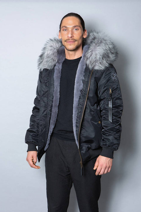 Mens Real Look Faux Fur Bomber Jacket with Grey Lining - Bobbi Parka