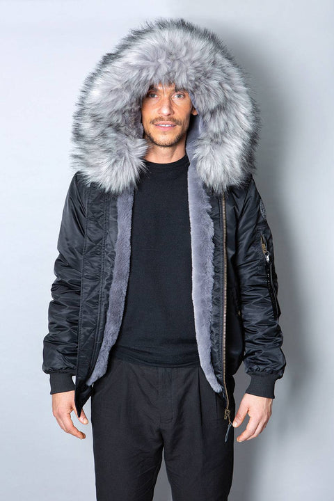 Mens Real Look Faux Fur Bomber Jacket with Grey Lining - Bobbi Parka