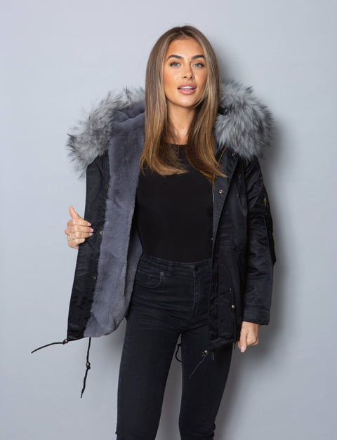 Womens Real Look Faux Fur Parka with Grey Faux Fur - Bobbi Parka