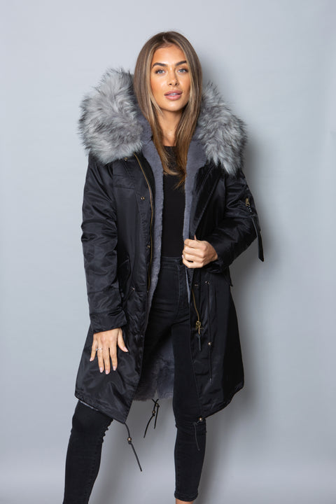 Womens Real Look Faux Fur Collar Parka Jacket with Grey Faux Fur Lining 3/4 - Bobbi Parka