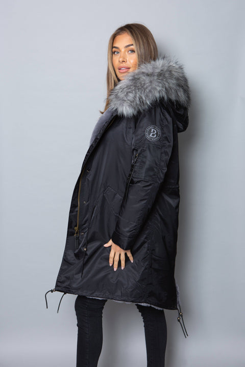 Womens Real Look Faux Fur Collar Parka Jacket with Grey Faux Fur Lining 3/4 - Bobbi Parka