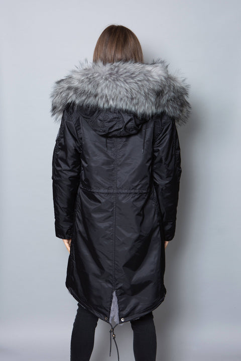 Womens Real Look Faux Fur Collar Parka Jacket with Grey Faux Fur Lining 3/4 - Bobbi Parka