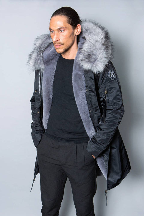 Mens Real Look Faux Fur Collar Parka Jacket with Grey Lining 3/4 - Bobbi Parka
