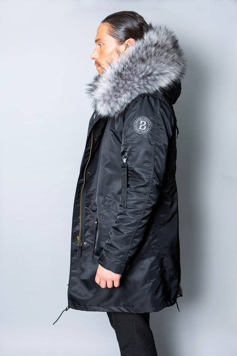 Mens Real Look Faux Fur Collar Parka Jacket with Grey Lining 3/4 - Bobbi Parka
