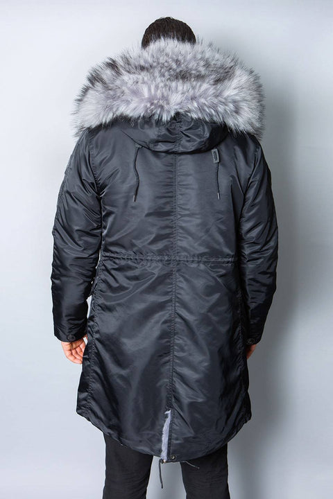 Mens Real Look Faux Fur Collar Parka Jacket with Grey Lining 3/4 - Bobbi Parka
