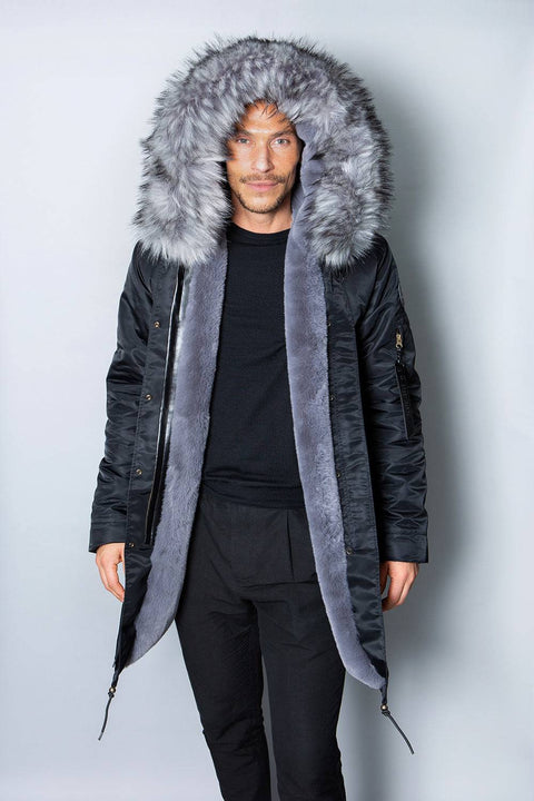 Mens Real Look Faux Fur Collar Parka Jacket with Grey Lining 3/4 - Bobbi Parka