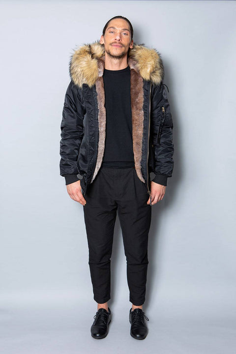 Mens Real Look Faux Fur Bomber Jacket with Natural Lining - Bobbi Parka