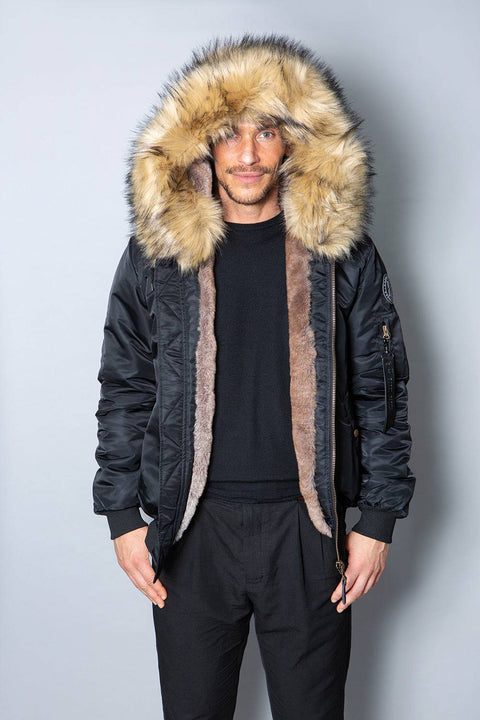 Mens Real Look Faux Fur Bomber Jacket with Natural Lining - Bobbi Parka