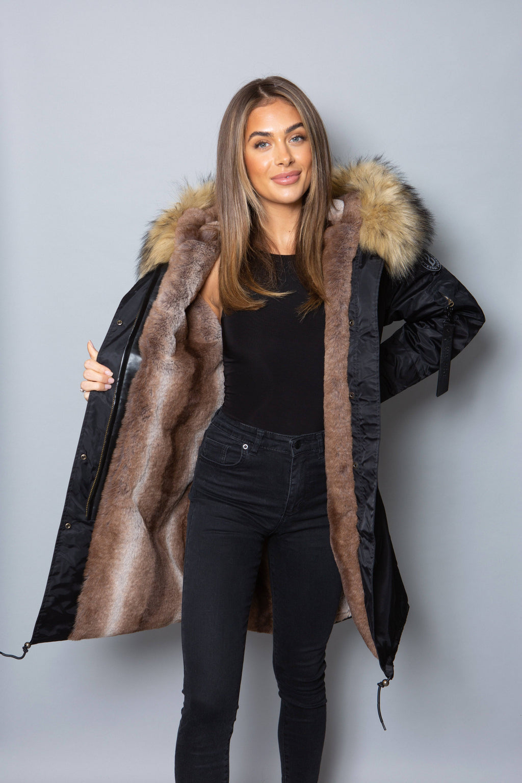 Womens Real Look Faux Fur Collar Parka Jacket with Natural Faux Fur Lining 3 4 Bobbi Parka