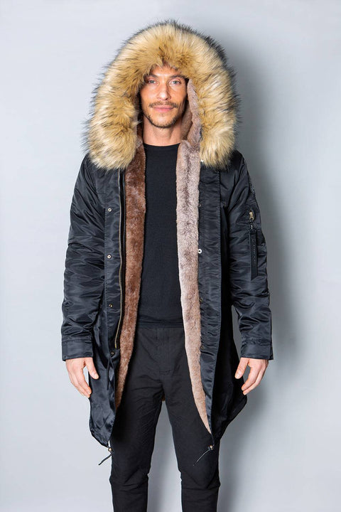 Mens Real Look Faux Fur Collar Parka Jacket with Natural Lining 3/4 - Bobbi Parka