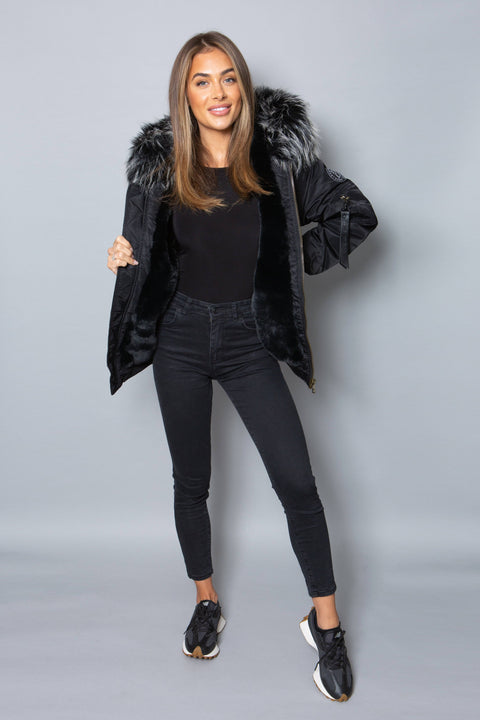 Womens Real Look Faux Fur Bomber with Black Faux Fur - Bobbi Parka