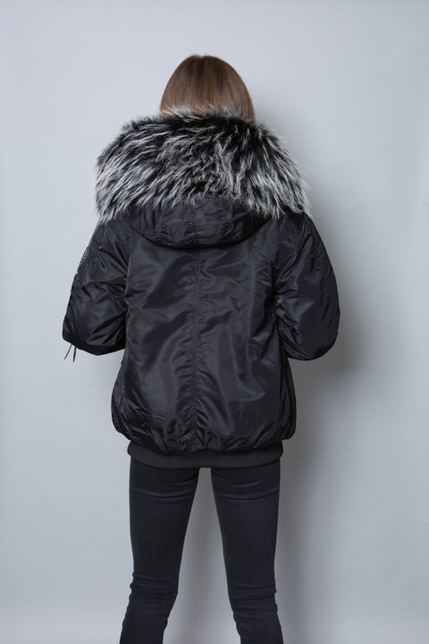 Womens Real Look Faux Fur Bomber with Black Faux Fur - Bobbi Parka