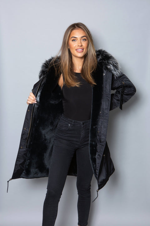 Womens Real Look Faux Fur Collar Parka Jacket with Black Faux Fur Lining 3/4 - Bobbi Parka